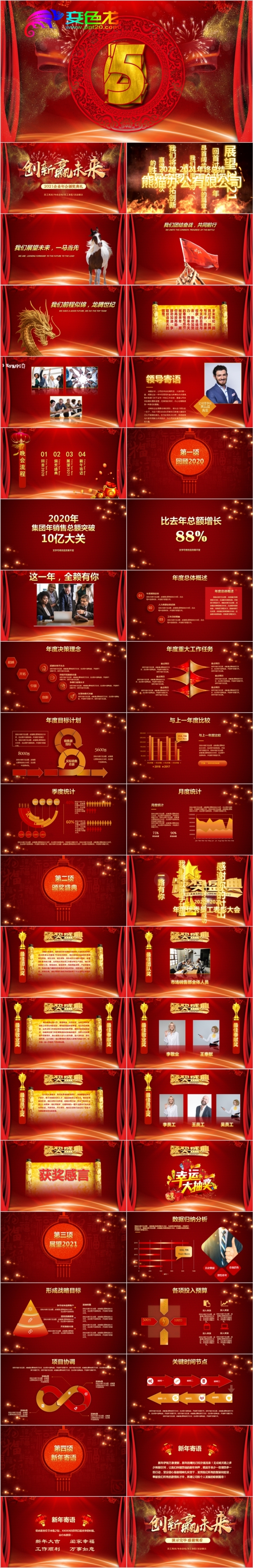 红色经典2021牛年年会颁奖会晚会总结PPT模板