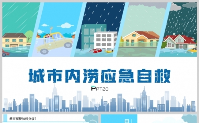 蓝色简约城市暴雨内涝防范自救指南PPT模板缩略图