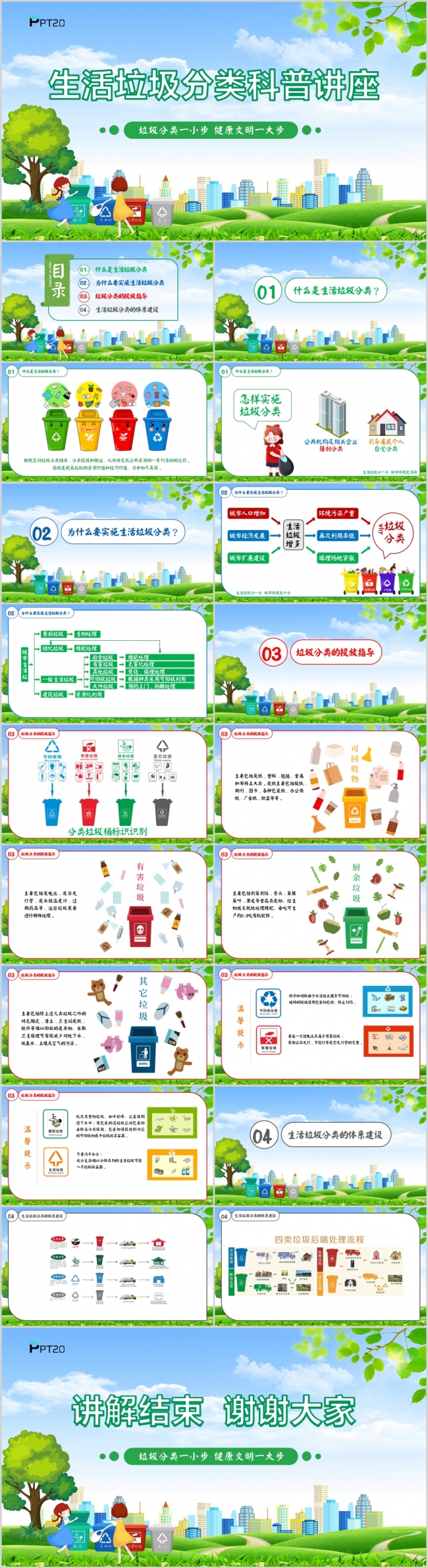 绿色卡通垃圾分类生活垃圾分类科普讲座PPT模板