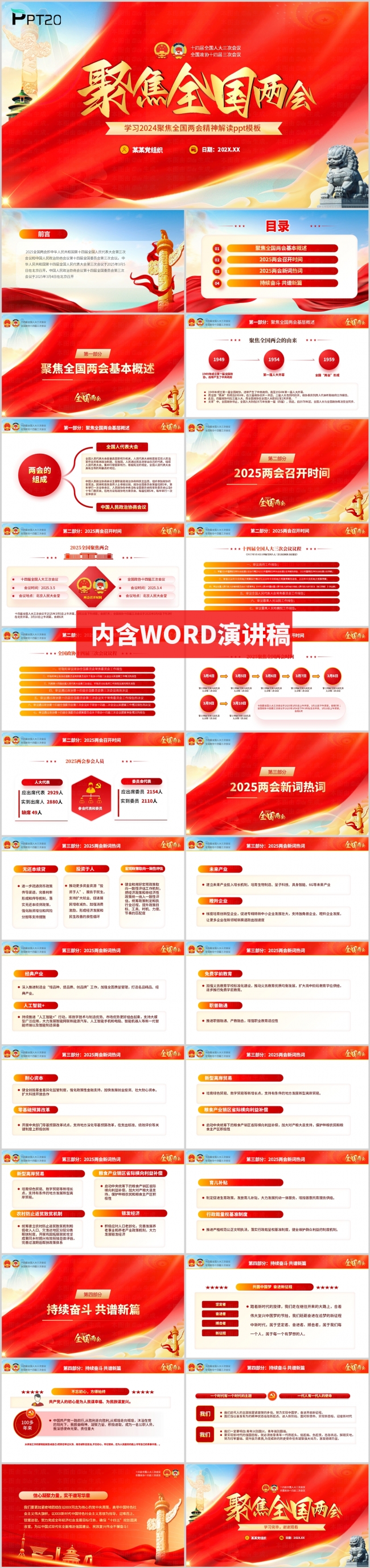 红色大气2025全国两会精神学习解读ppt模板（含讲稿）