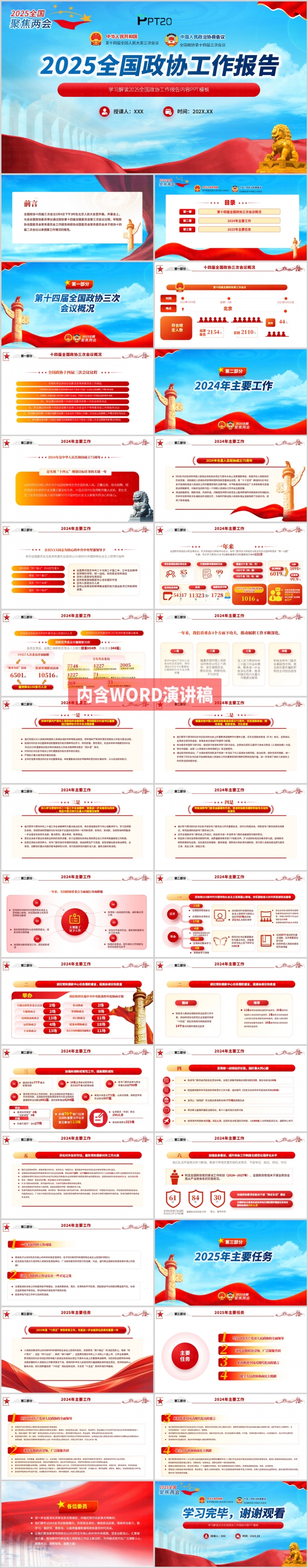 蓝色2025年两会全国政协工作报告学习解读ppt模板
