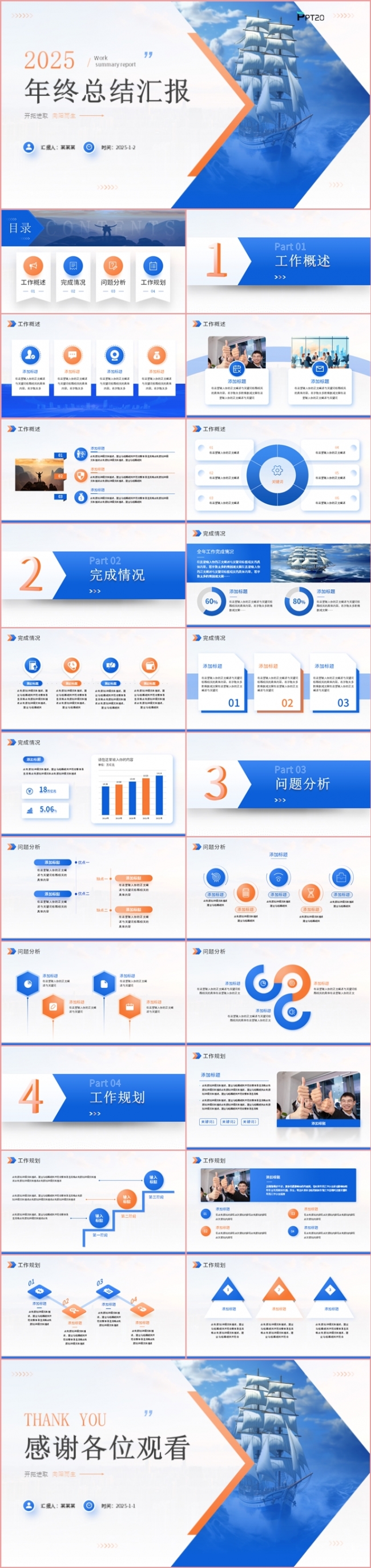 2025商务风蓝色年终总结述职报告计划总结PPT模板