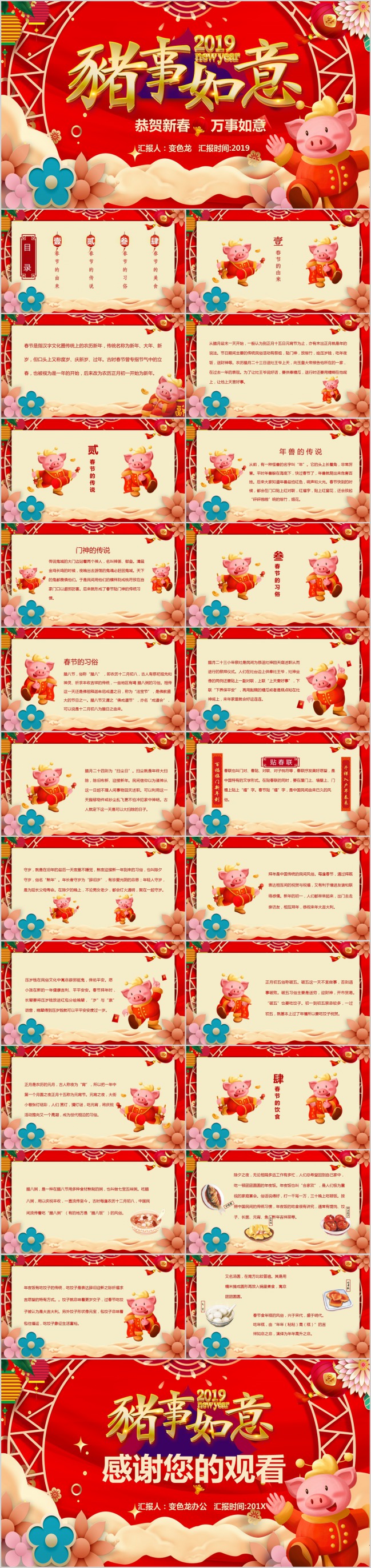 2019诸事如意猪年大吉春节习俗介绍主题班会PPT模版