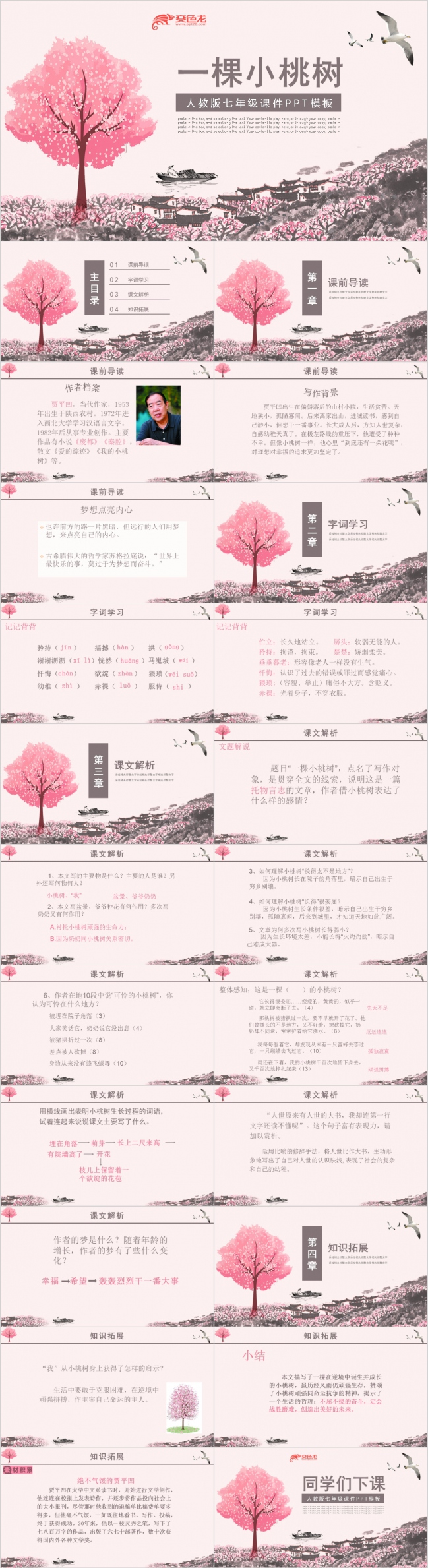 简约桃红色语文课件之一颗小桃树PPT模板
