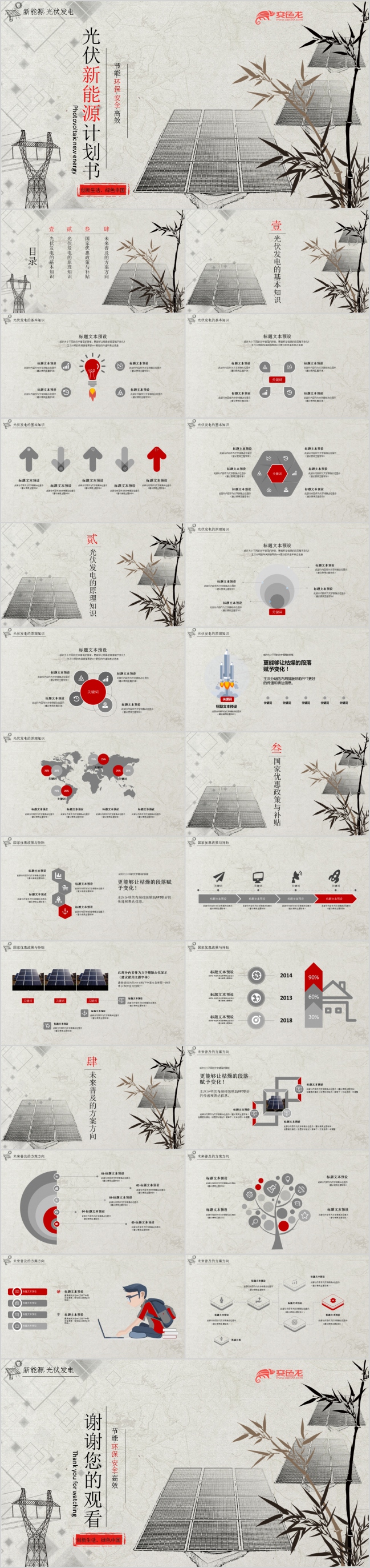 竹叶中国风新能源计划书节能低碳环保宣传PPT模板下载