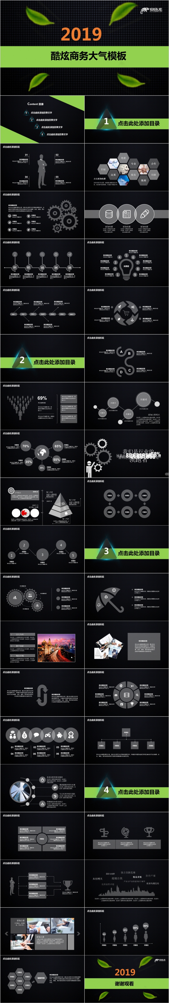 2019简洁清新绿色酷炫工作总结会议演讲稿PPT模板