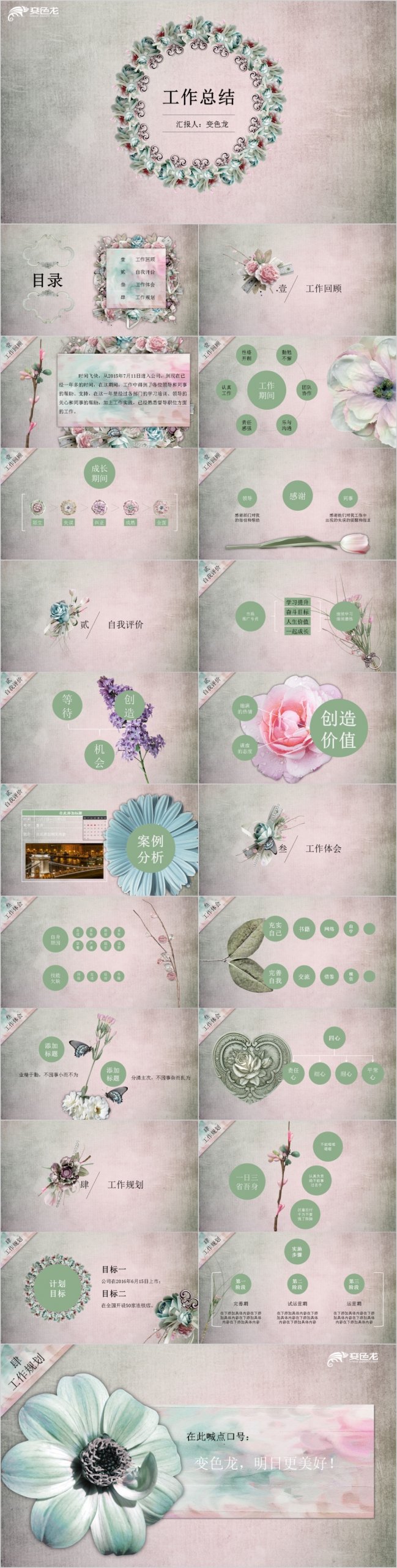 复古文艺花朵清新工作总结PPT模版
