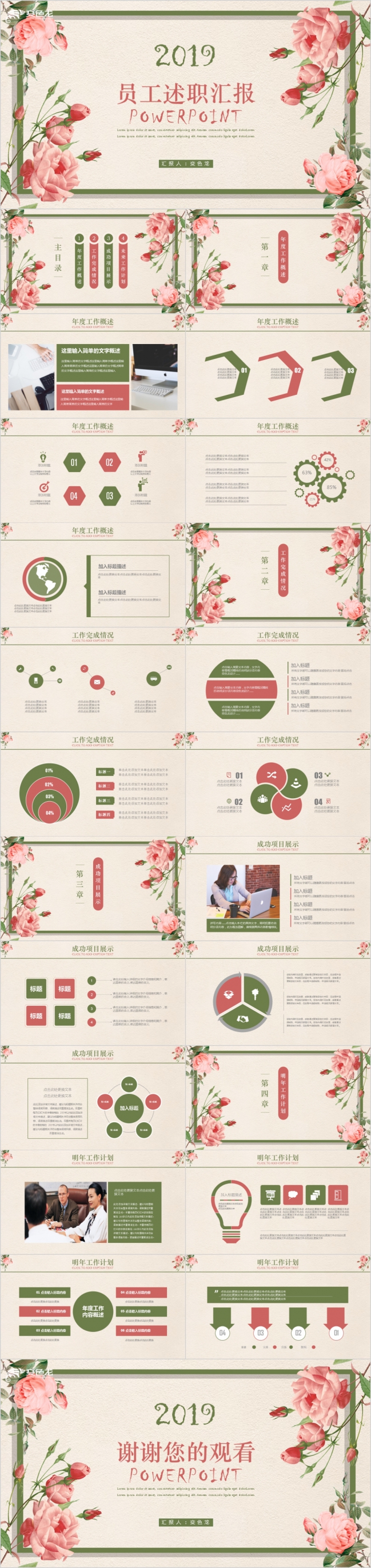 2019复古文艺花卉风员工述职汇报PPT模版