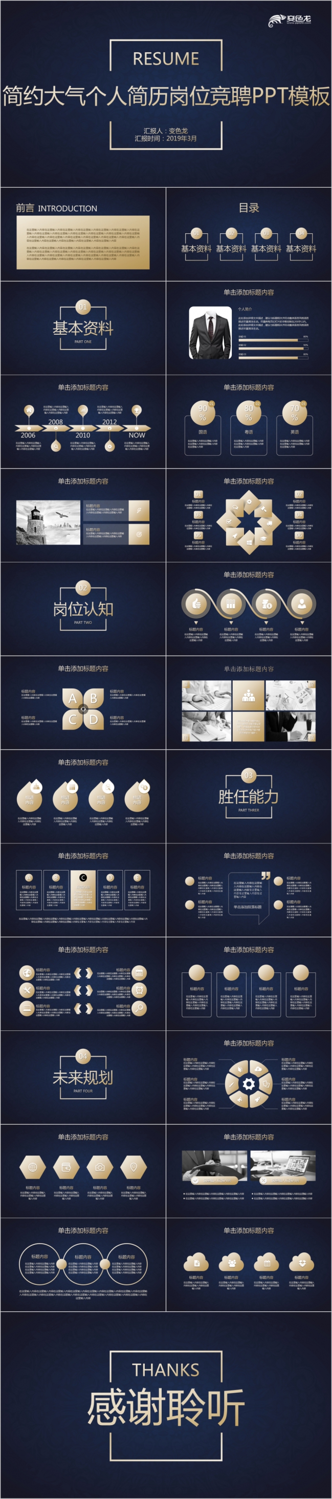 2019蓝色简约个人简历岗位竞聘PPT模板