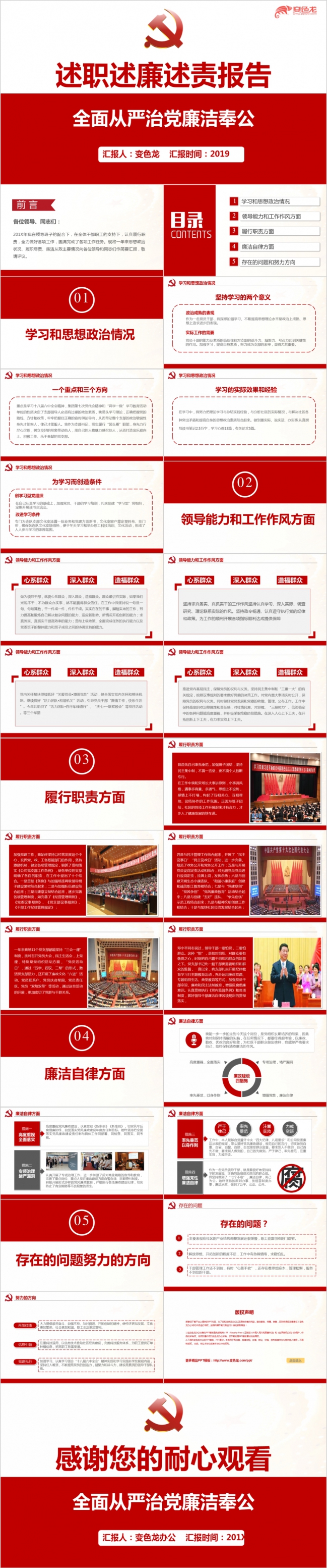 红色简约述职述廉述责党政工作报告PPT模板
