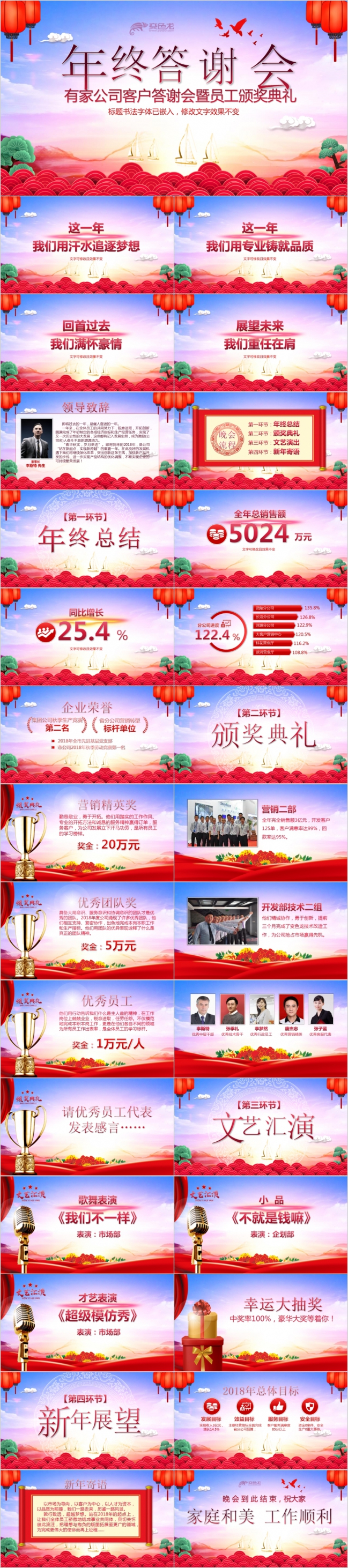 粉蓝渐变红灯笼企业年终答谢会员工表彰典礼PPT模板