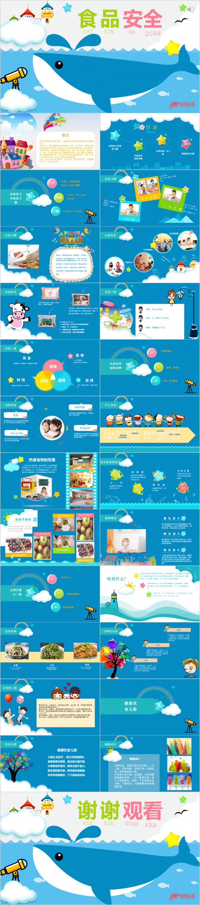 蓝色卡通幼儿园食品安全班会PPT模板