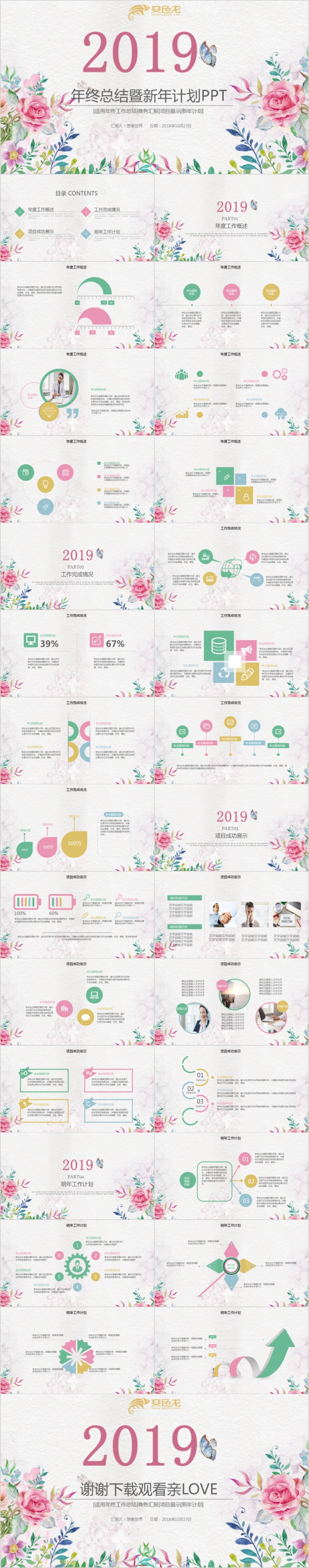 手绘碎花水彩2019年终总结动态PPT模板