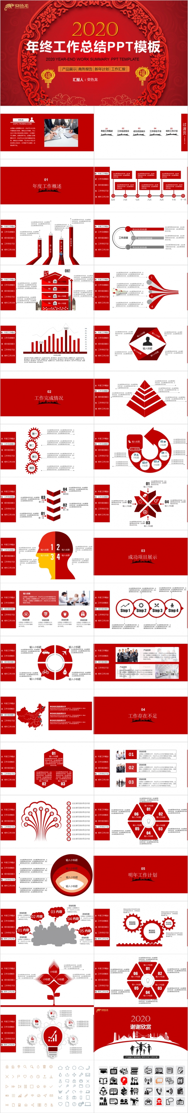 红色中国风年会年终工作总结PPT模板