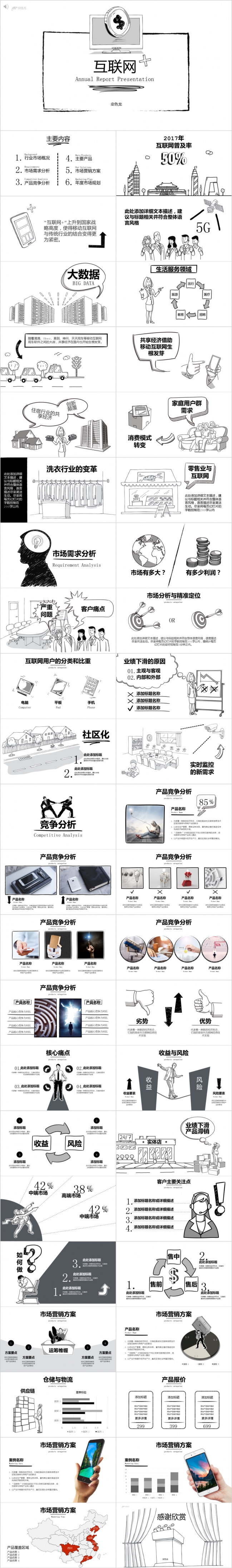 黑白手绘简笔画互联网年终总结动态PPT模板
