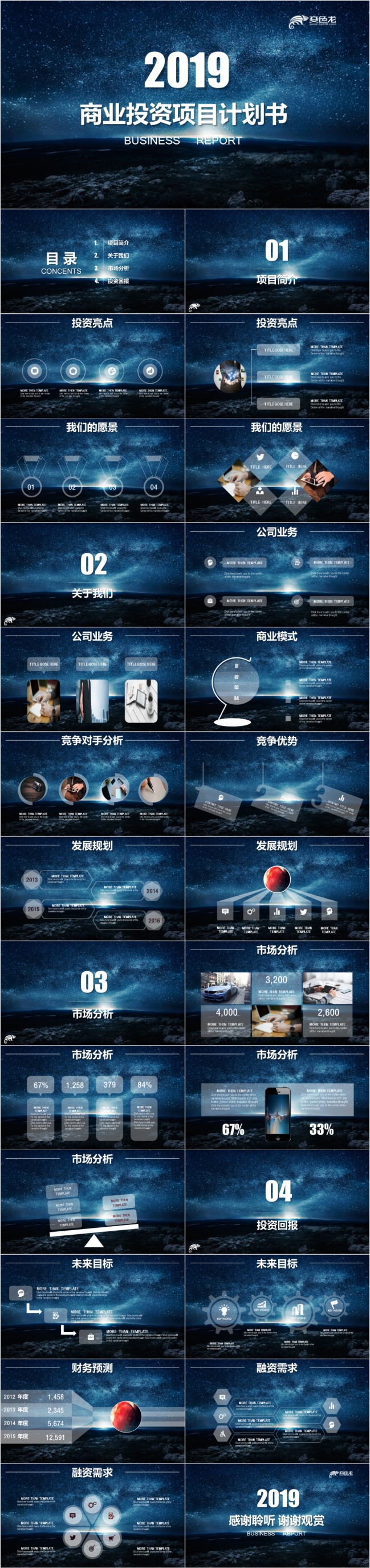 唯美蓝色星空背景商业投资项目计划书PPT模板