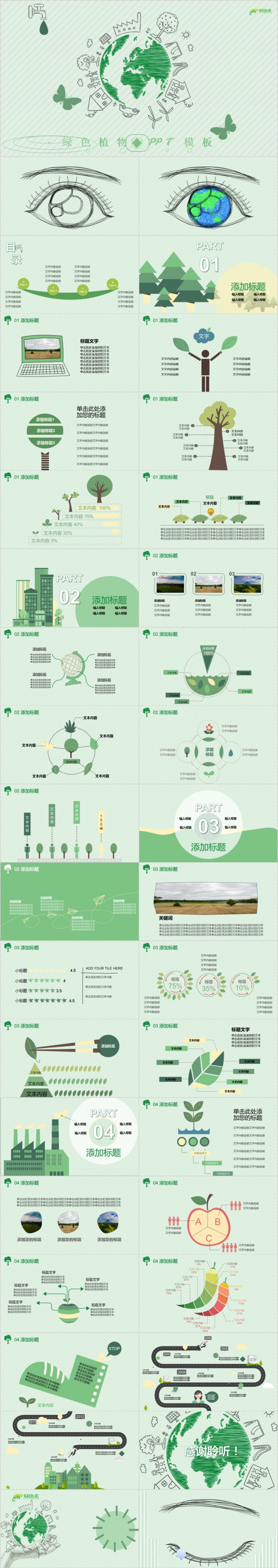 2019清新绿色植物环保爱护地球动态PPT模板