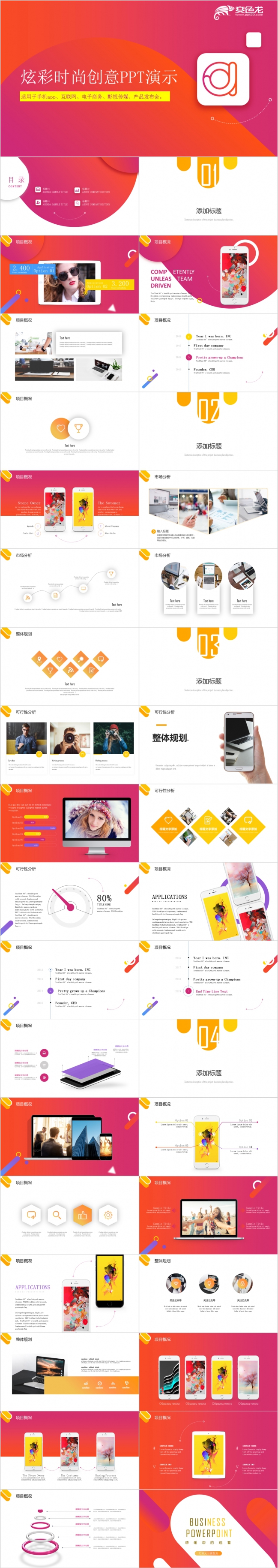 炫彩时尚极简风互联网手机APP项目计划书通用PPT模板