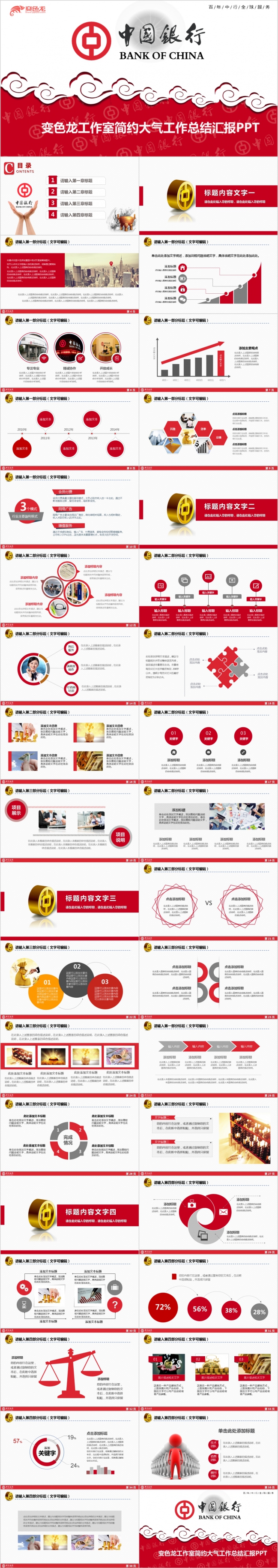 高端红中国银行专用PPT演示模板 工作总结新年计划PPT