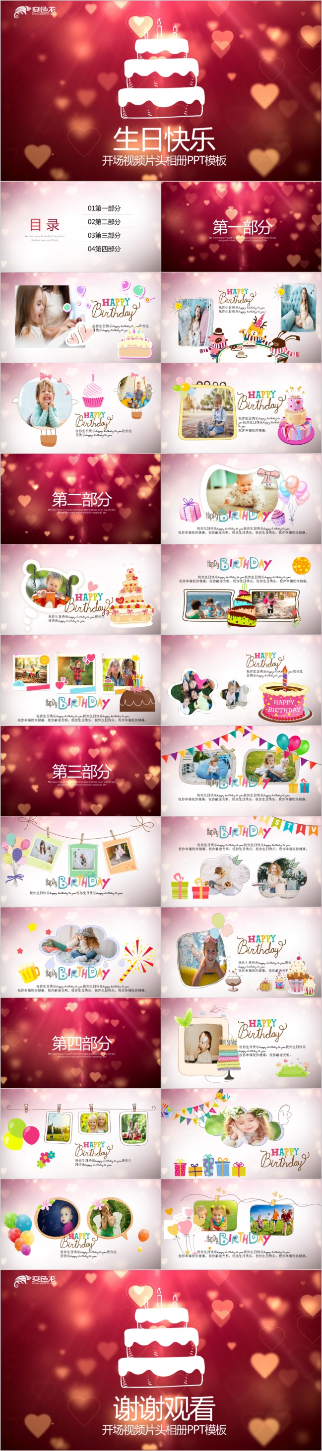 卡通风可爱温馨生日快乐生日派对电子相册动态PPT模板