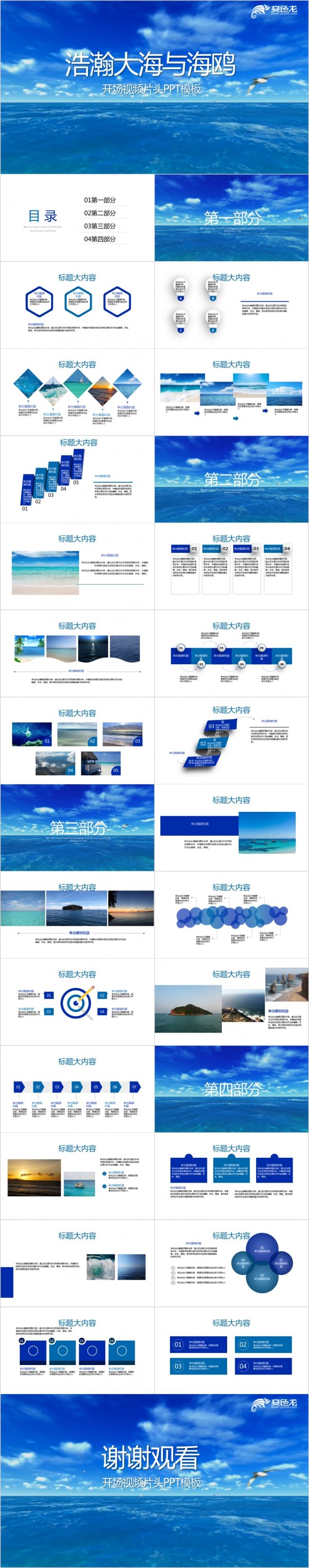 蓝色简约浩瀚大海海鸥工作总结计划通用PPT模板