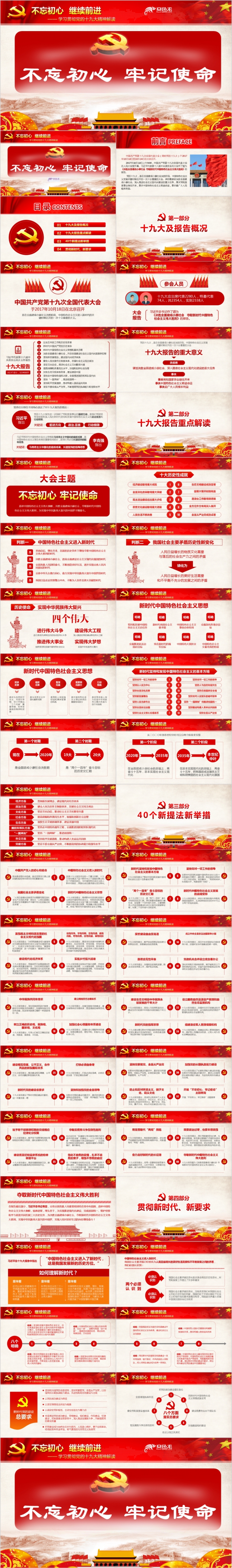 党政红色贯彻学习党的十九大精神解读PPT模板