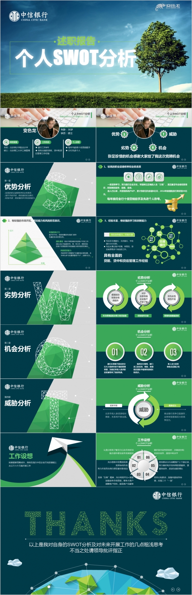 绿色清新个人SWOT分析述职报告PPT模版