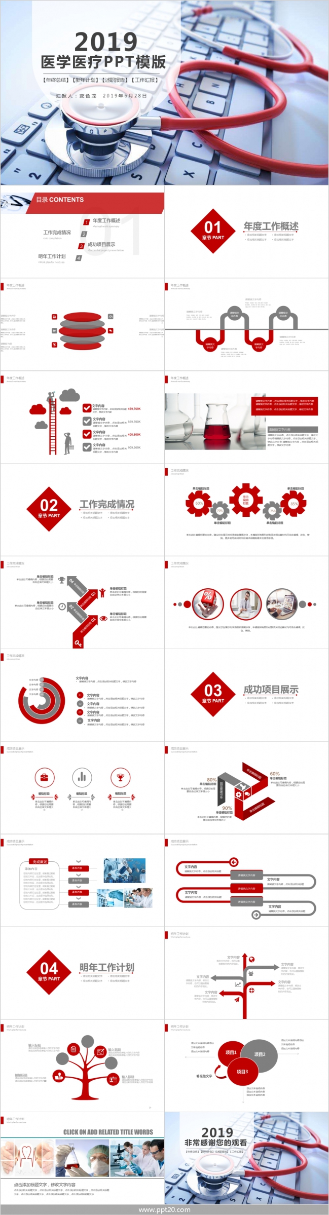 2019简约大气红色医学医疗年终总结PPT模版