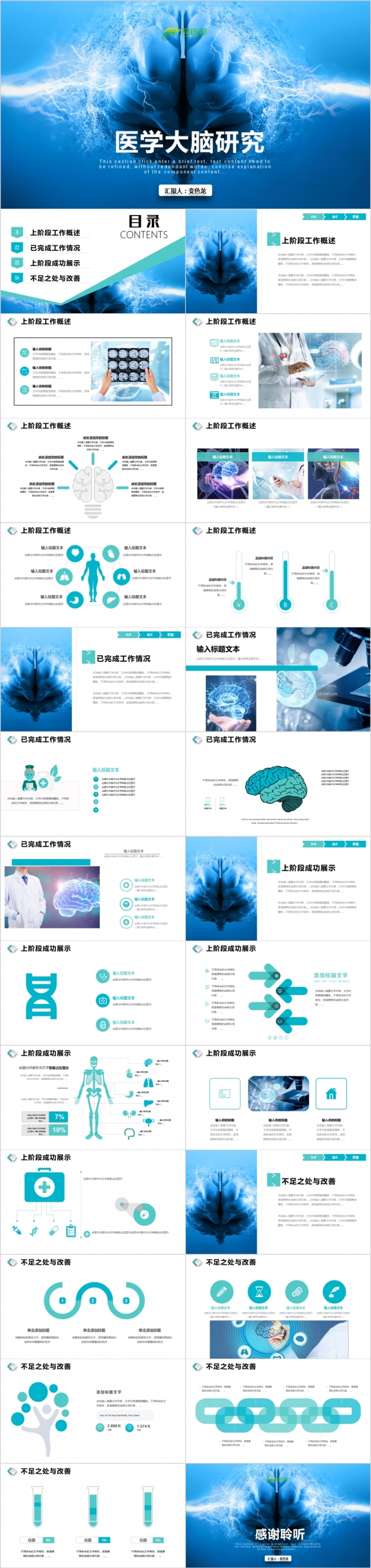 酷炫蓝色大脑医疗医学大脑研究PPT动态模板