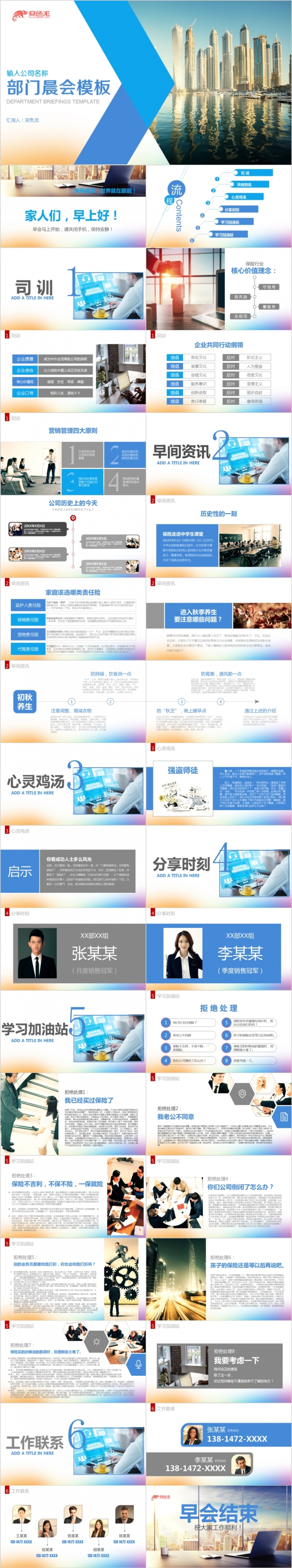 城市倒影建筑风公司晨会流程企业培训PPT模板