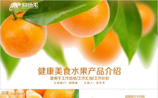橙绿色健康美食橘子柑橘等水果产品宣传PPT模板缩略图