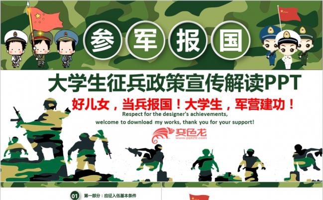卡通风格参军报国解放军征兵大学生入伍政策宣传解读PPT模板缩略图