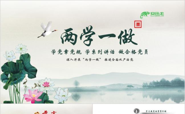 精美水墨荷花解读两学一做党课PPT模版缩略图