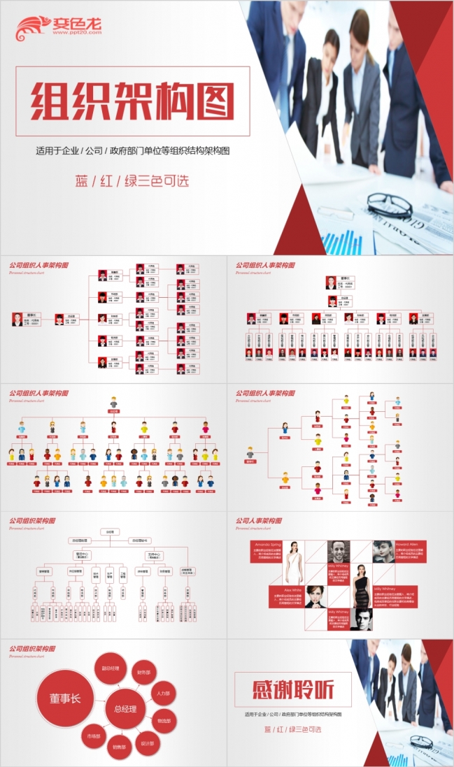 简约精美企业人事组织架构分布流程图PPT模版