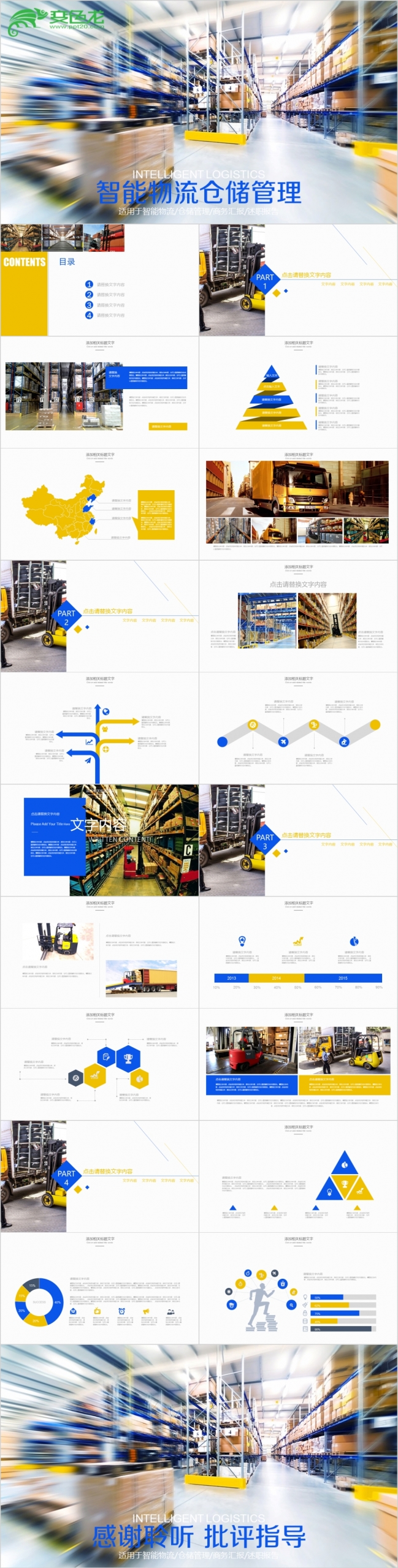 蓝黄色时尚简约智能物流智能仓储仓库管理PPT模板