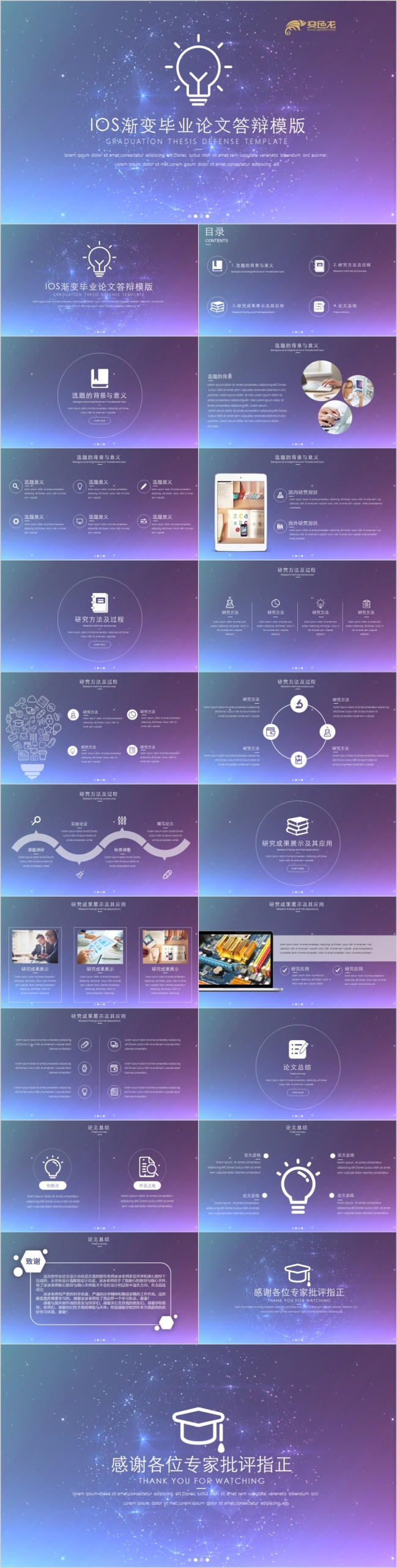 简约IOS紫色渐变星空毕业论文答辩PPT模版