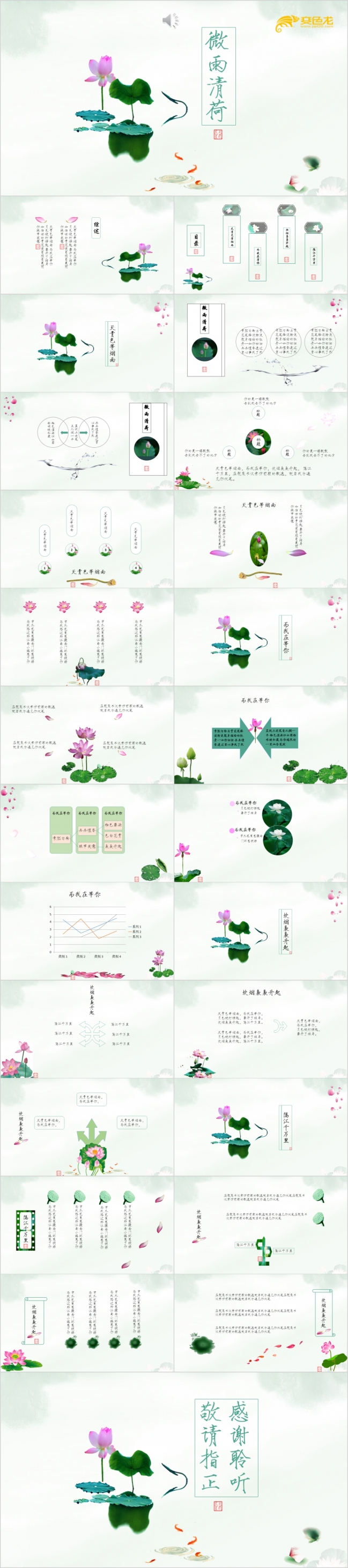 微雨清荷中国风总结计划简约主义PPT模板
