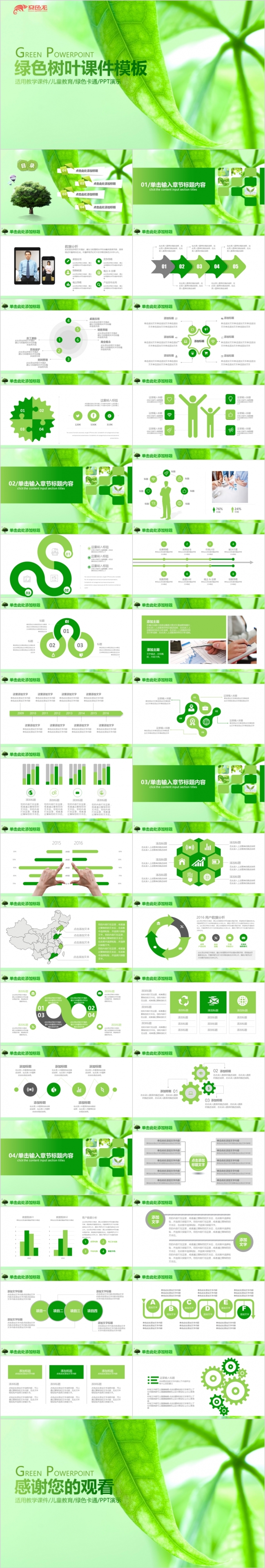 绿色树叶清新淡雅教育教学课件PPT模板