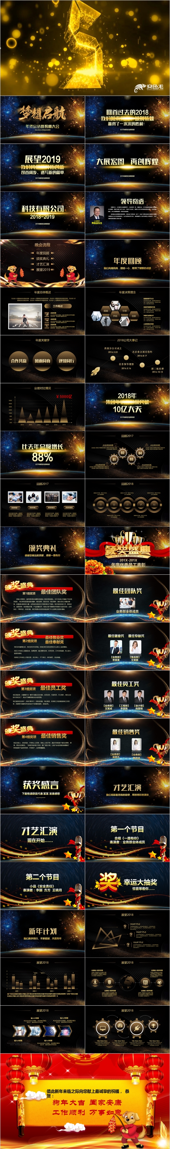 2019梦想起航企业年会暨颁奖典礼金色大气ppt模板