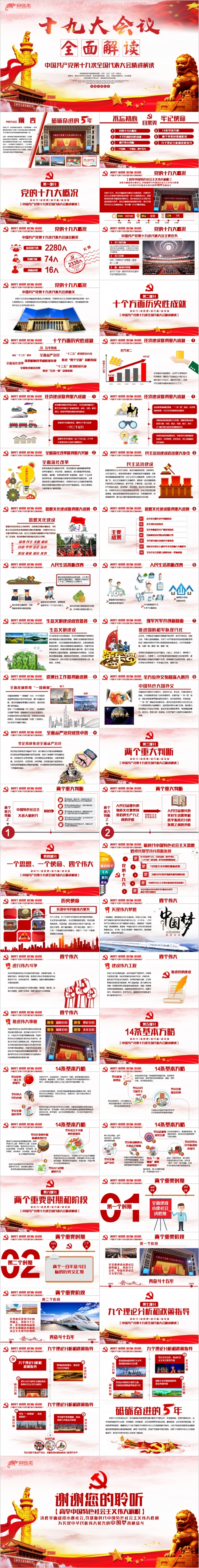 全面解读十九大会议学习十九大完整内容党政党课精美大气PPT模板
