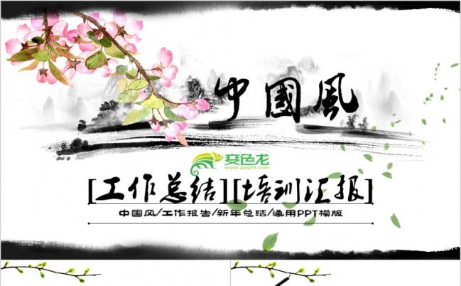 中国风水墨花卉古风工作总结计划动态ppt模板缩略图