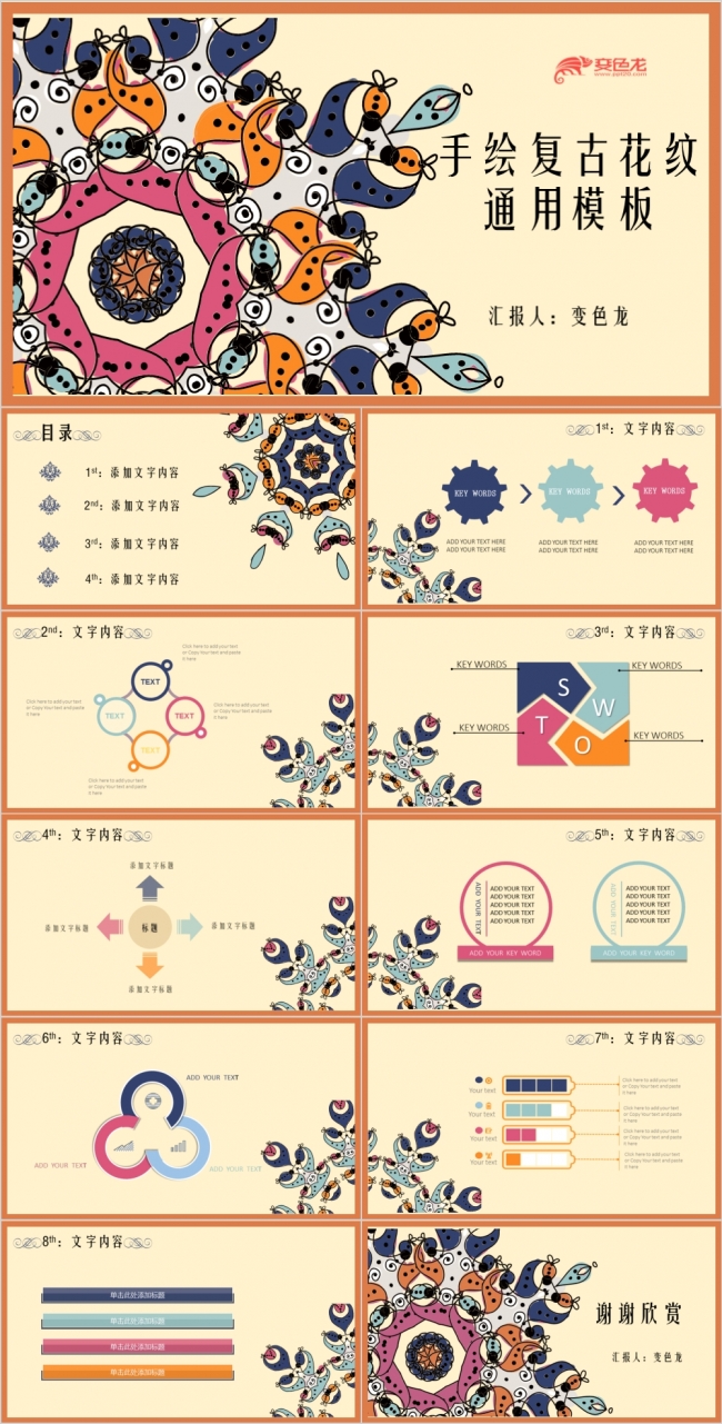 手绘复古花纹PPT模板