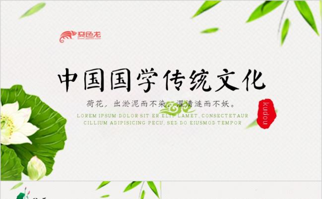绿色淡雅荷花中国风国学传统文化宣扬ppt模板缩略图