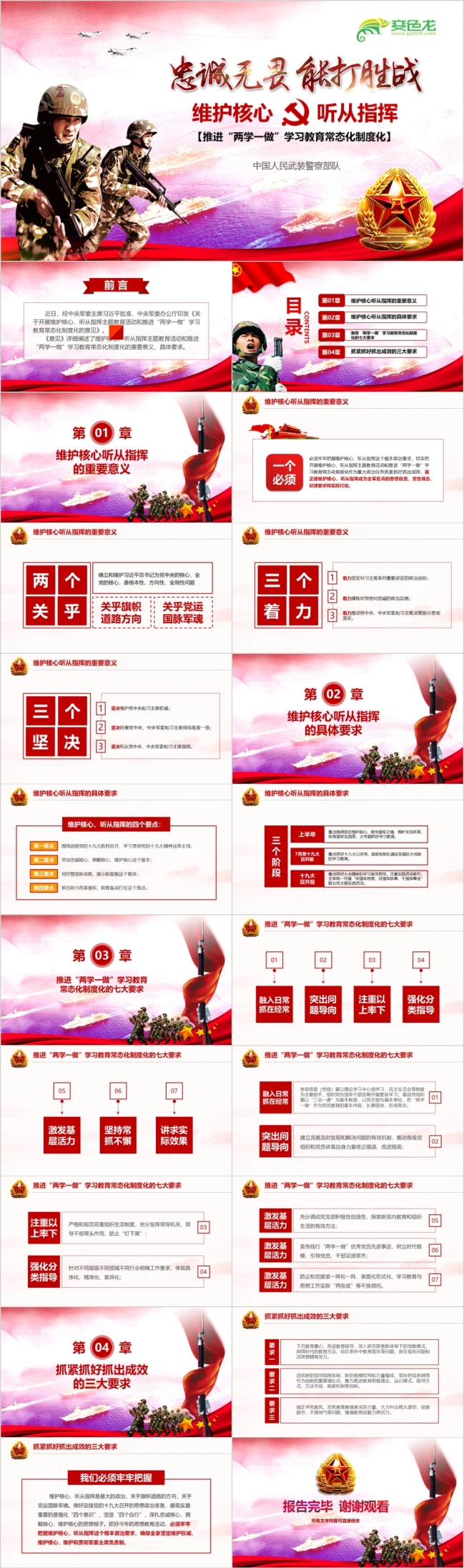 精美大气部队军队维护核心听从指挥学习教育PPT模版