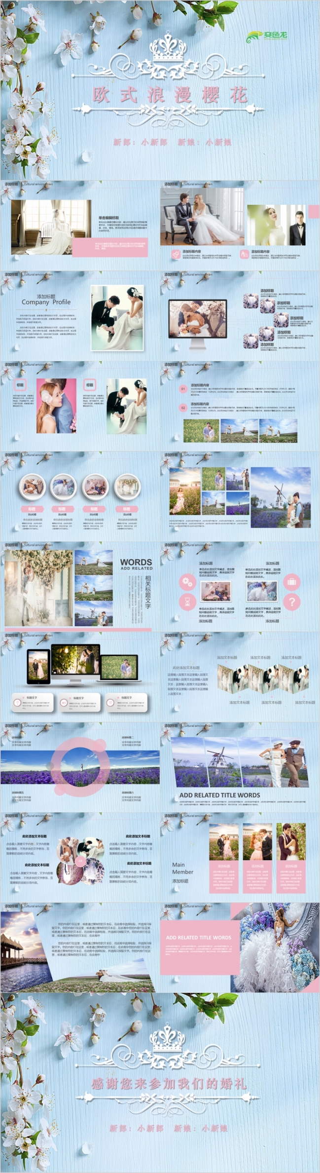 2019蓝色浪漫樱花婚礼相册展示PPT模版
