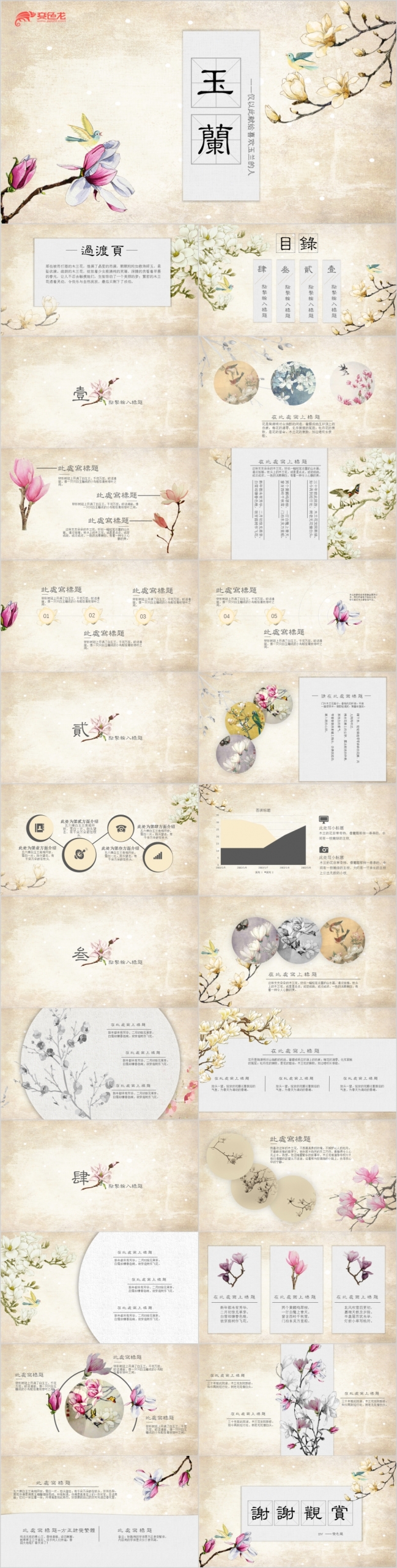 复古淡雅玉兰花开工作报告PPT模版