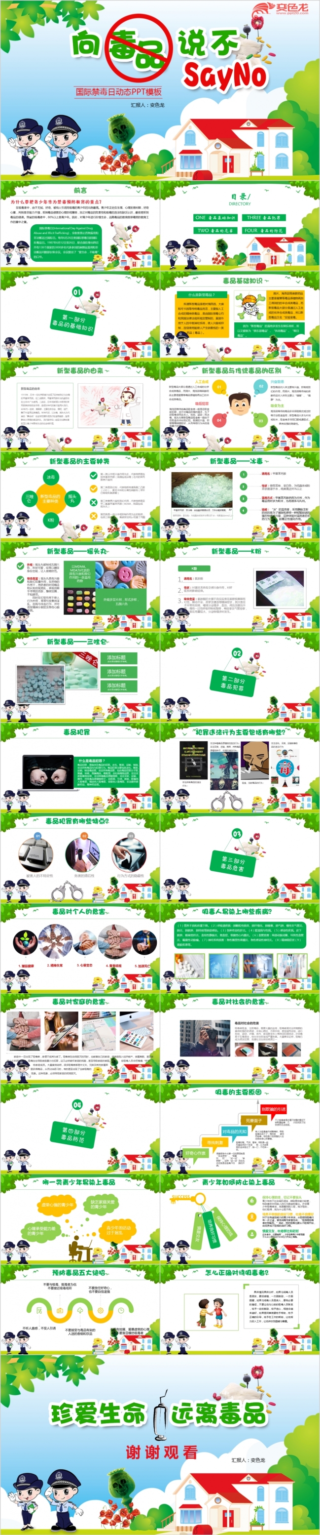 绿色形象精致国际禁毒日青少年禁毒知识学习宣传PPT模板