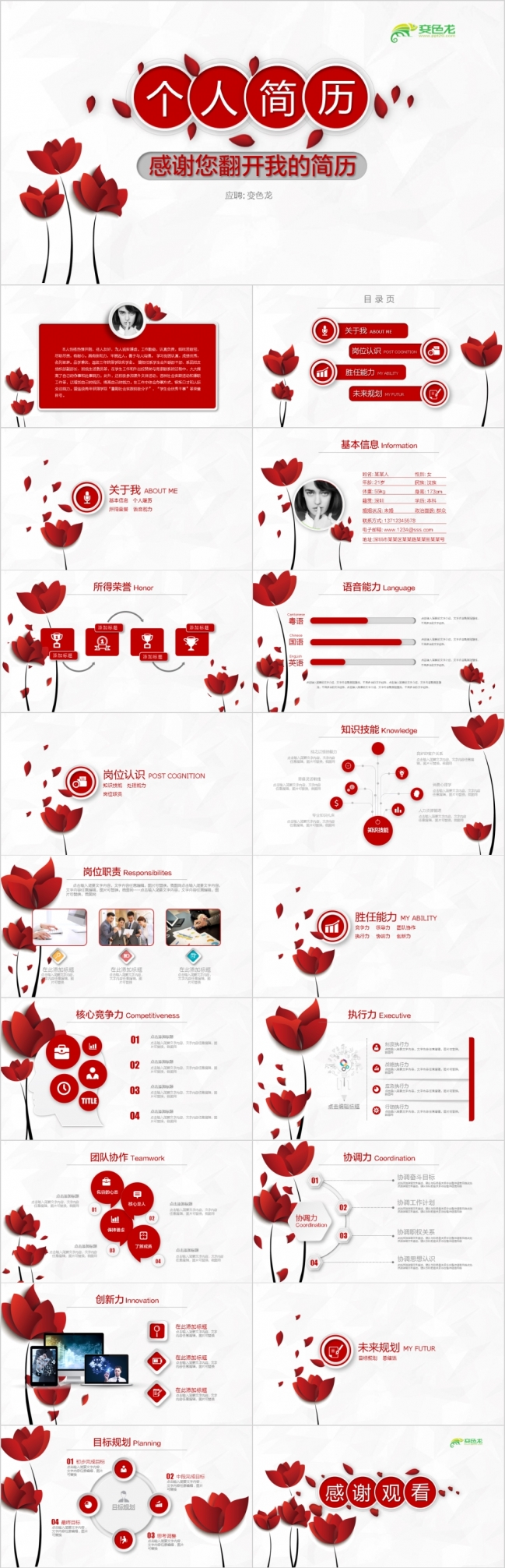 创意简约浪漫红玫瑰个人求职简历PPT模版