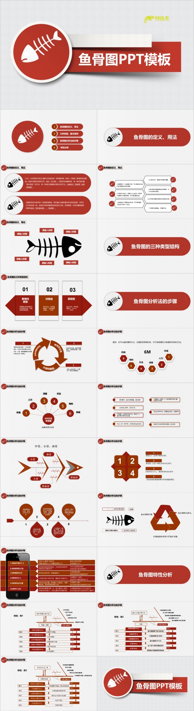 红色简约鱼骨图概念讲解PPT模板