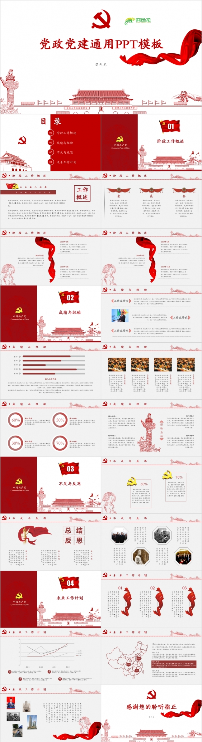 中国红古典大气党政党建政企事工作汇报年终总结通用PPT模板